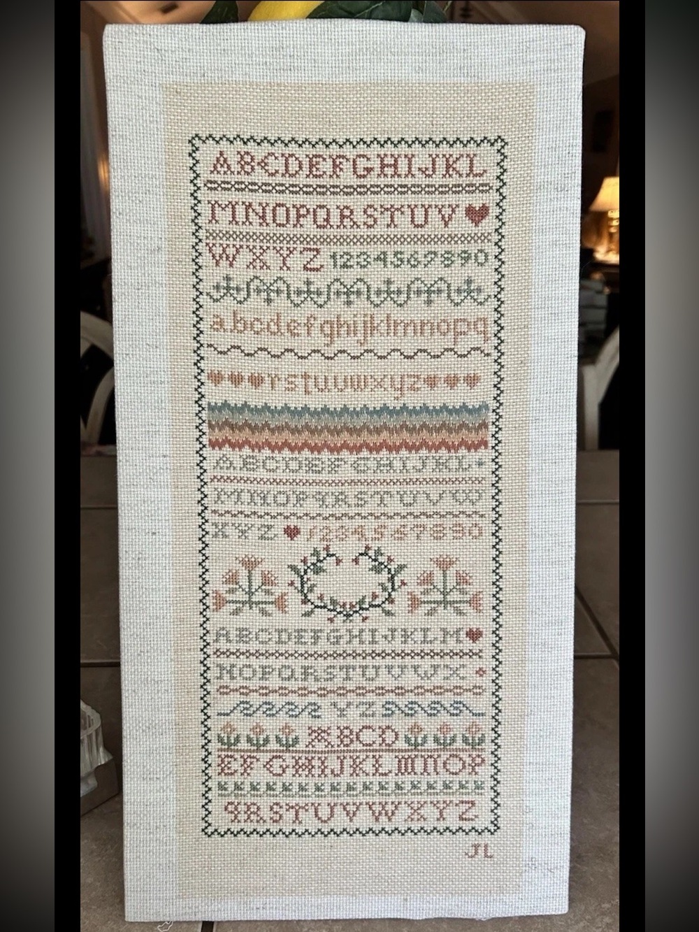 Vintage Completed Cross Stitch Alphabet Sampler 10”x20” Cottagecore